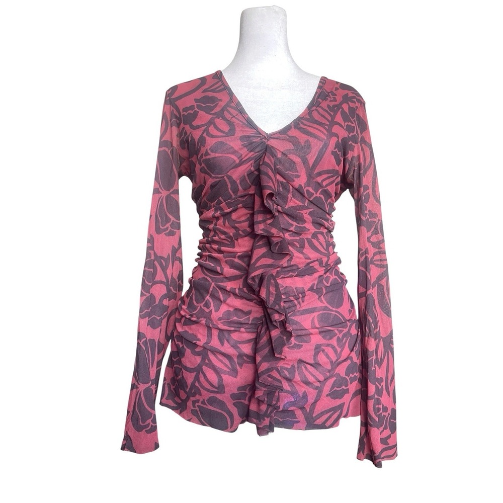Vintage Y2K Sweet Pea Mesh Nylon Long Sleeve Ruffle Top Sz L Whimsical Fairy - Picture 2 of 10